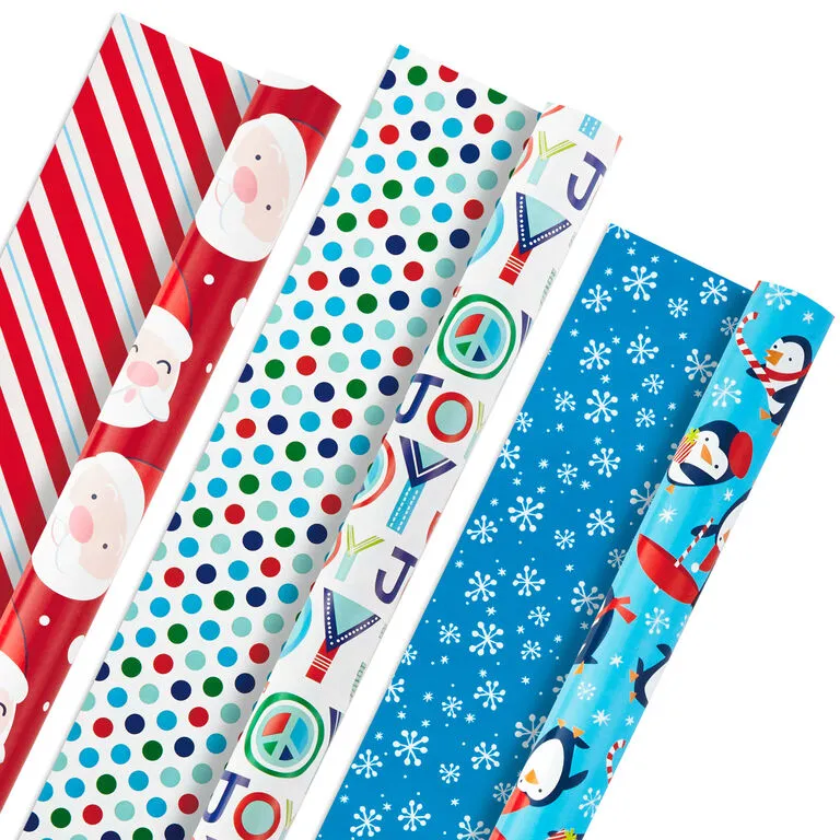 Hallmark Bright Joy 3-Pack Kids Reversible Christmas Wrapping Paper Assortment, 120 Sq. Ft. 1 Hallmark Bright Joy 3-Pack Kids Reversible Christmas Wrapping Paper Assortment, 120 Sq. Ft.