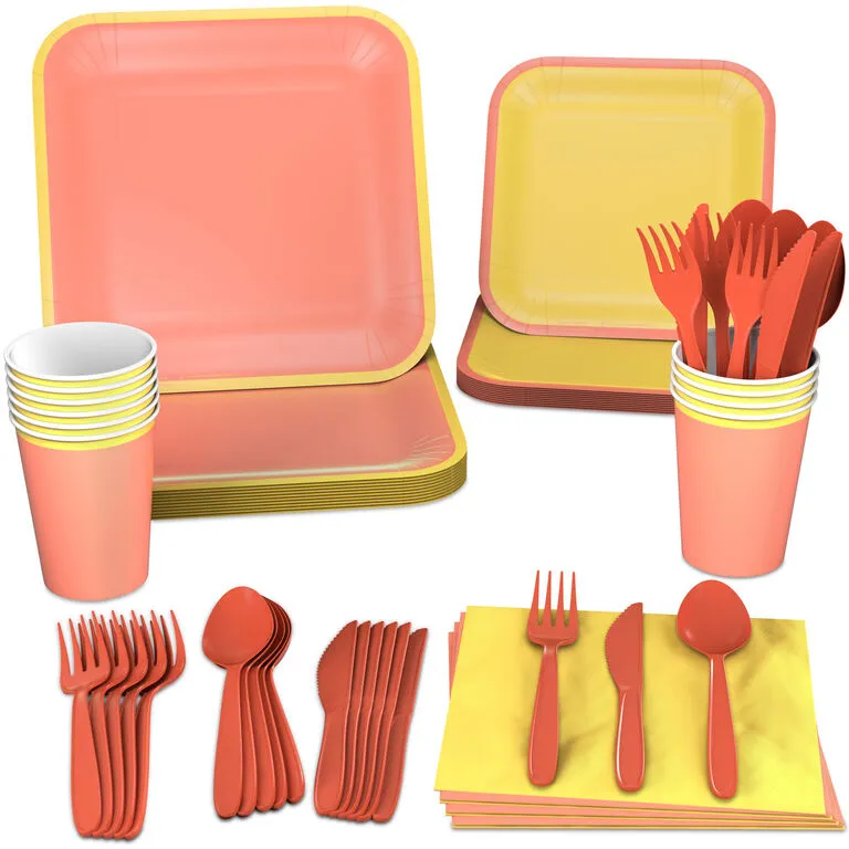 Hallmark Color Pop 96-Piece Tableware Basics Party Kit, Orange And Yellow 1 Hallmark Color Pop 96-Piece Tableware Basics Party Kit, Orange And Yellow