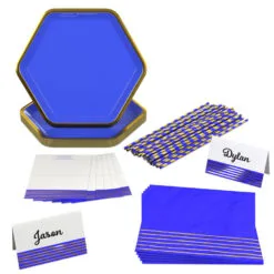 Hallmark Color Pop 60-Piece Tableware Premium Party Kit, Blue Hexagon